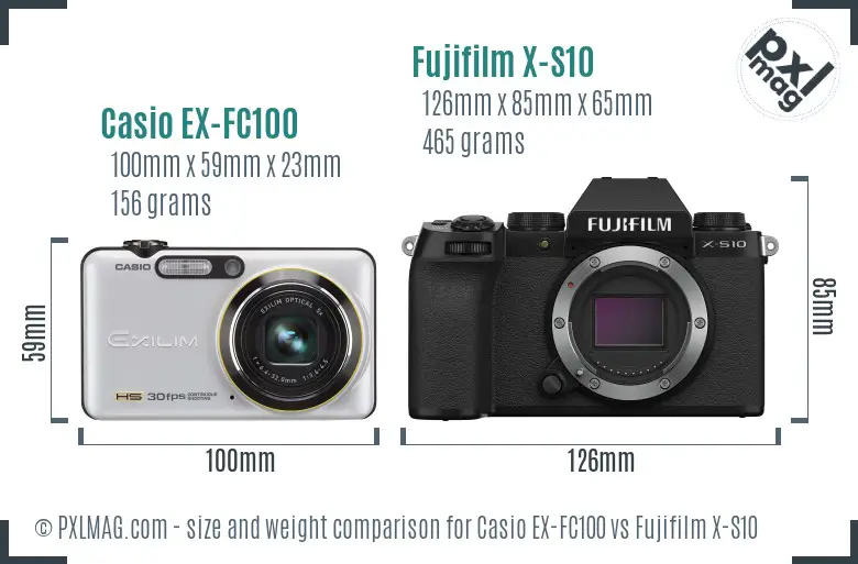 Casio EX-FC100 vs Fujifilm X-S10 size comparison