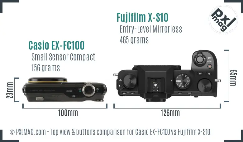 Casio EX-FC100 vs Fujifilm X-S10 top view buttons comparison