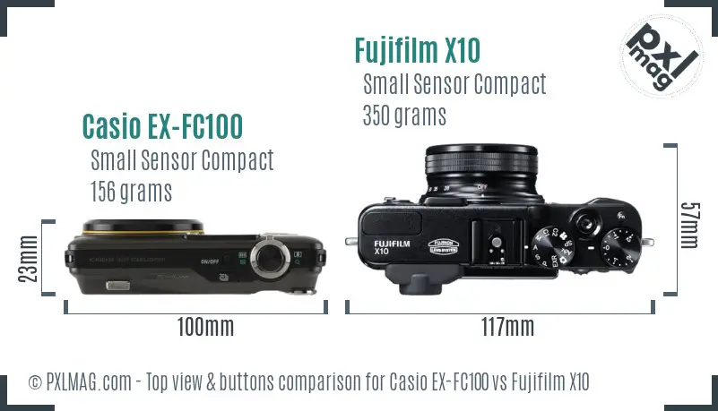 Casio EX-FC100 vs Fujifilm X10 top view buttons comparison