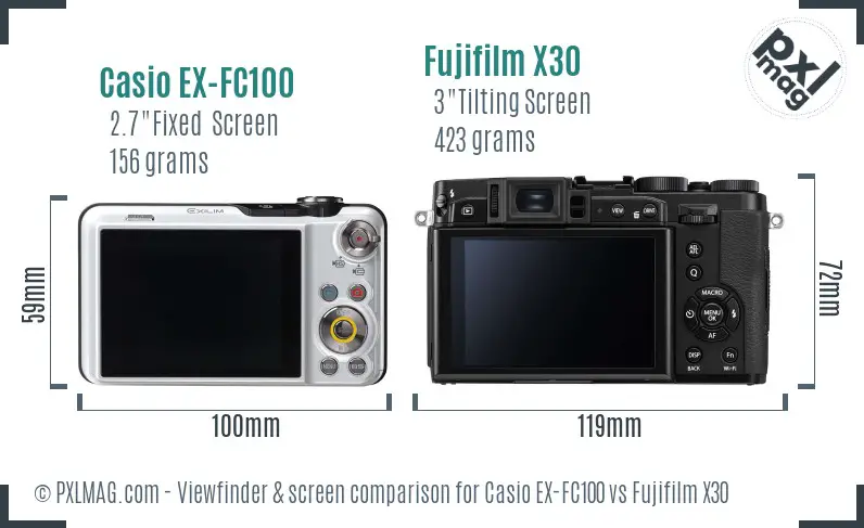 Casio EX-FC100 vs Fujifilm X30 Screen and Viewfinder comparison