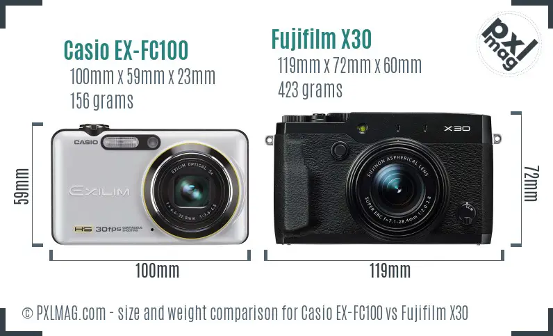 Casio EX-FC100 vs Fujifilm X30 size comparison