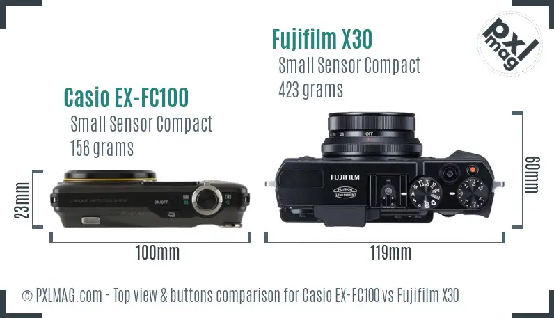 Casio EX-FC100 vs Fujifilm X30 top view buttons comparison