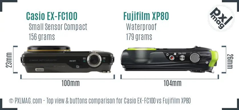 Casio EX-FC100 vs Fujifilm XP80 top view buttons comparison
