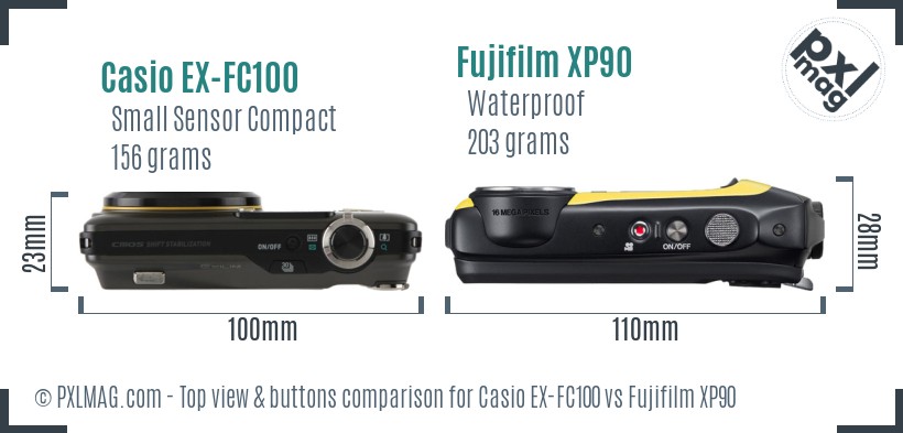 Casio EX-FC100 vs Fujifilm XP90 top view buttons comparison