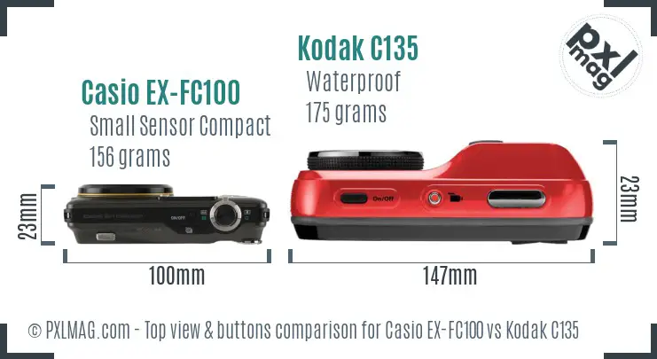 Casio EX-FC100 vs Kodak C135 top view buttons comparison