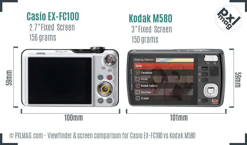 Casio EX-FC100 vs Kodak M580 Screen and Viewfinder comparison