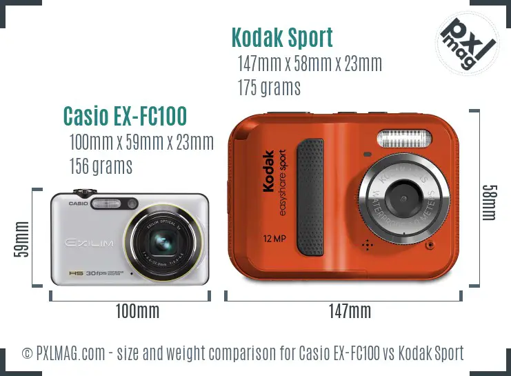 Casio EX-FC100 vs Kodak Sport size comparison Casio EX-FC100 vs Kodak Sport size comparison