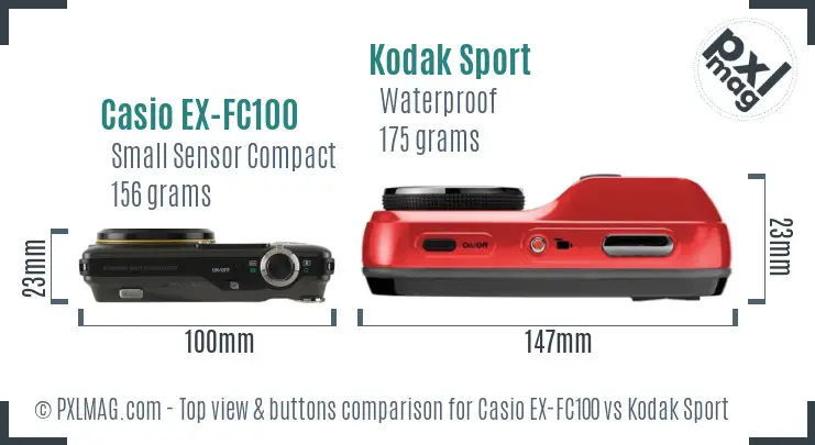 Casio EX-FC100 vs Kodak Sport top view buttons comparison Casio EX-FC100 vs Kodak Sport top view buttons comparison
