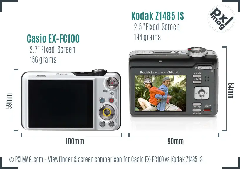 Casio EX-FC100 vs Kodak Z1485 IS Screen and Viewfinder comparison
