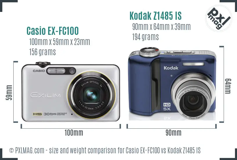 Casio EX-FC100 vs Kodak Z1485 IS size comparison