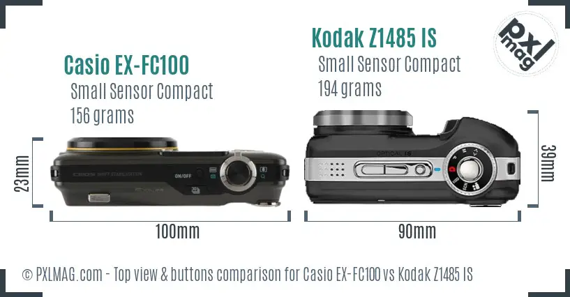 Casio EX-FC100 vs Kodak Z1485 IS top view buttons comparison
