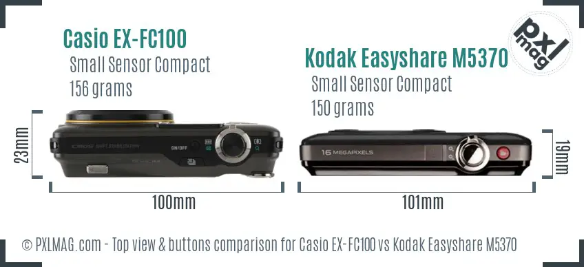 Casio EX-FC100 vs Kodak Easyshare M5370 top view buttons comparison