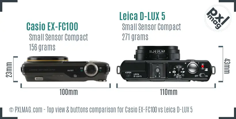 Casio EX-FC100 vs Leica D-LUX 5 top view buttons comparison Casio EX-FC100 vs Leica D-LUX 5 top view buttons comparison