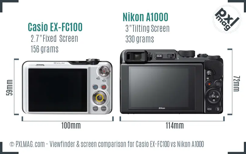 Casio EX-FC100 vs Nikon A1000 Screen and Viewfinder comparison