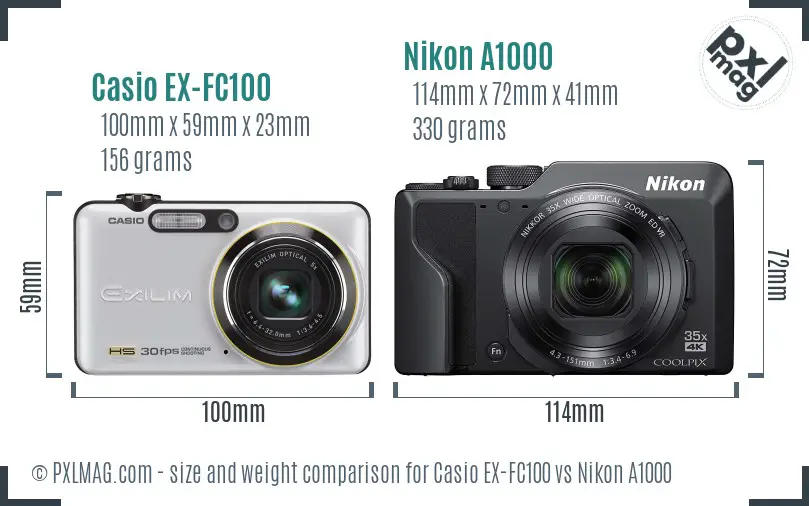 Casio EX-FC100 vs Nikon A1000 size comparison