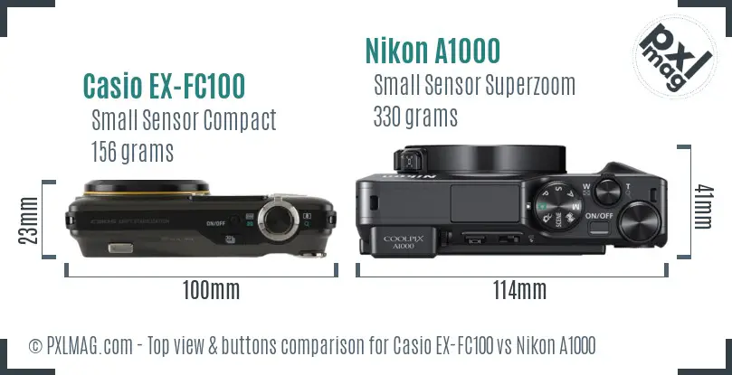 Casio EX-FC100 vs Nikon A1000 top view buttons comparison