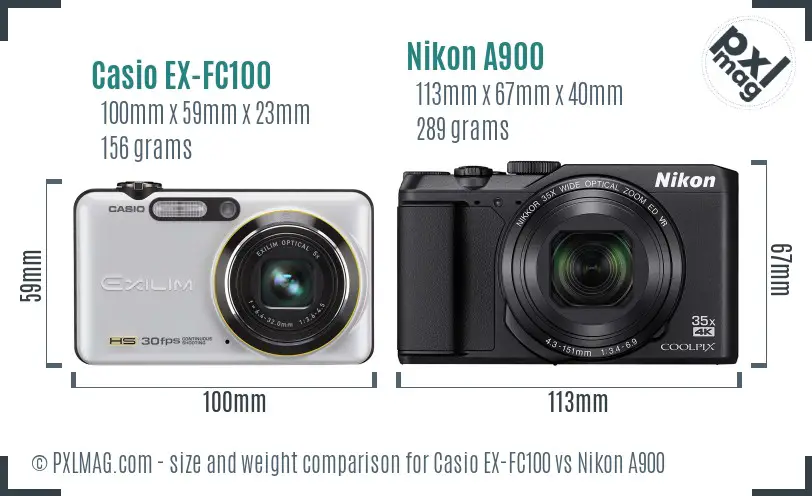 Casio EX-FC100 vs Nikon A900 size comparison