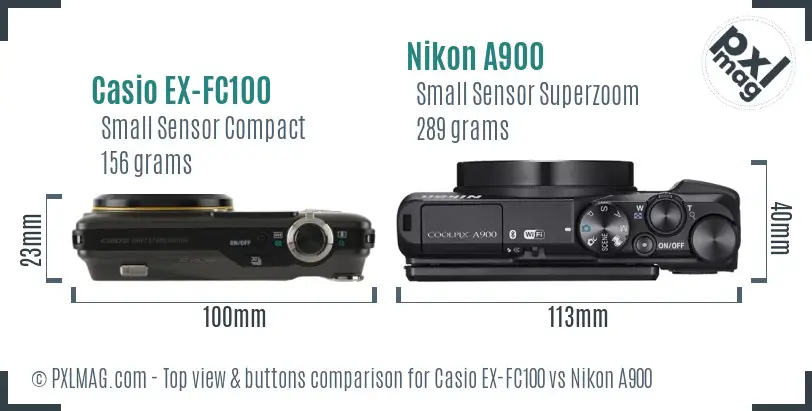 Casio EX-FC100 vs Nikon A900 top view buttons comparison