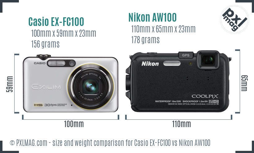 Casio EX-FC100 vs Nikon AW100 size comparison