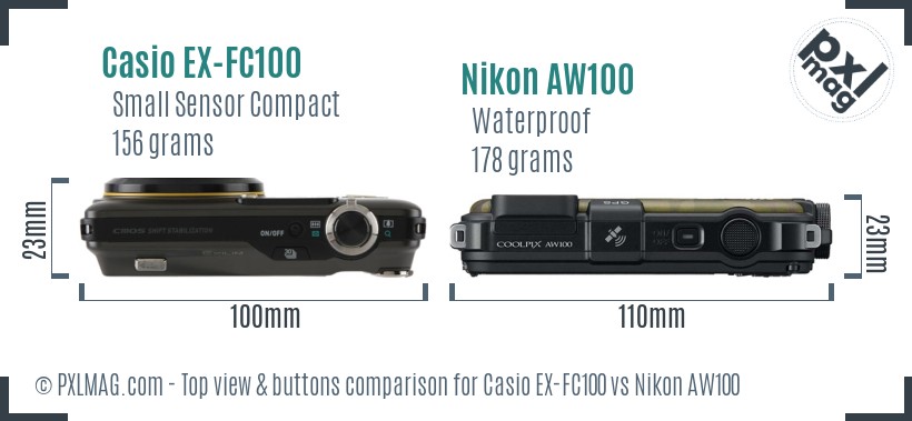 Casio EX-FC100 vs Nikon AW100 top view buttons comparison