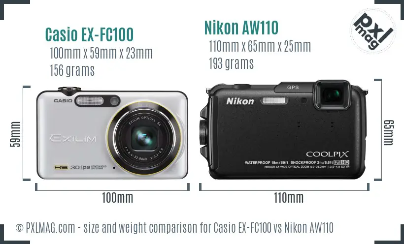 Casio EX-FC100 vs Nikon AW110 size comparison