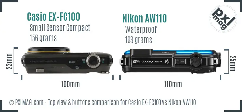 Casio EX-FC100 vs Nikon AW110 top view buttons comparison