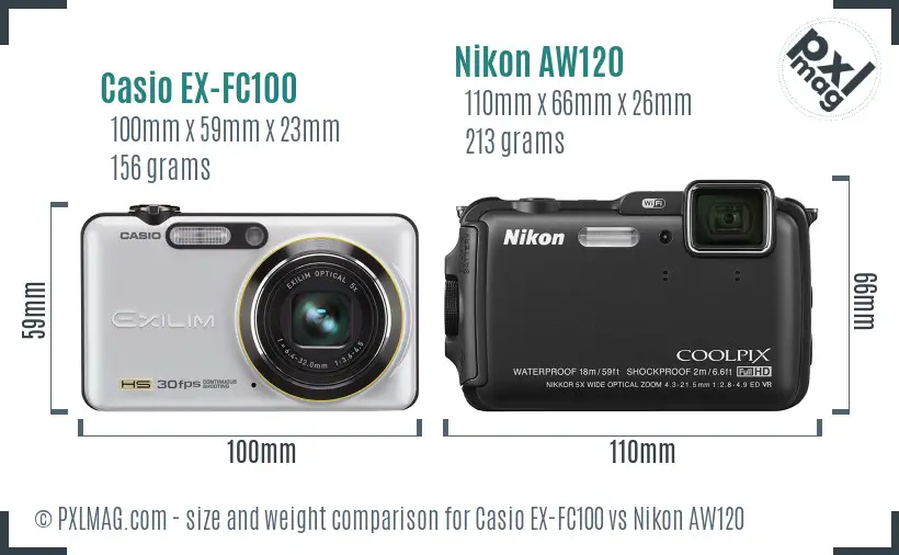 Casio EX-FC100 vs Nikon AW120 size comparison