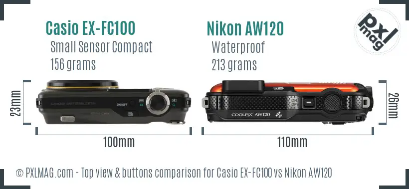 Casio EX-FC100 vs Nikon AW120 top view buttons comparison