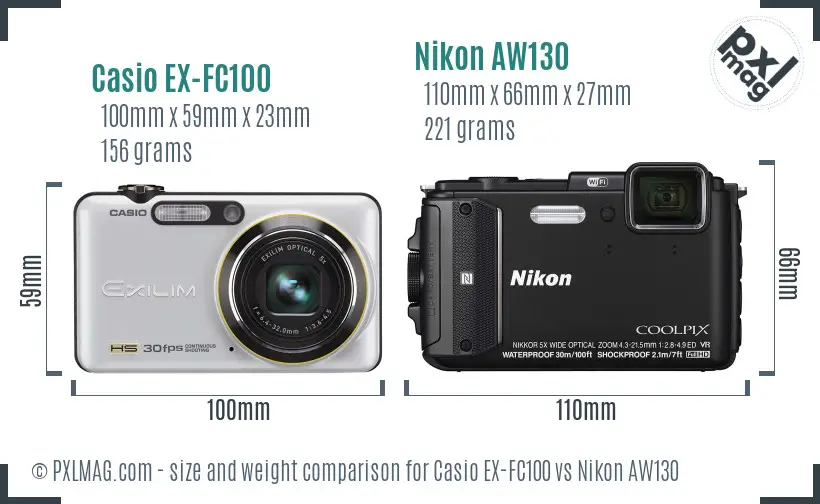 Casio EX-FC100 vs Nikon AW130 size comparison