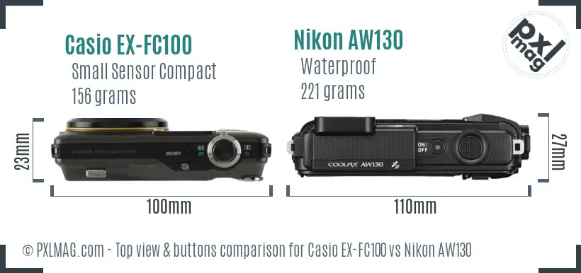 Casio EX-FC100 vs Nikon AW130 top view buttons comparison