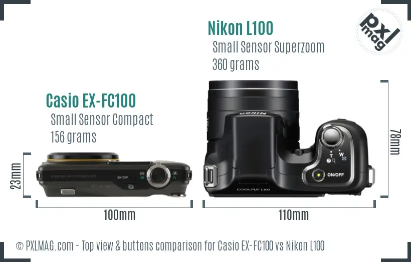 Casio EX-FC100 vs Nikon L100 top view buttons comparison
