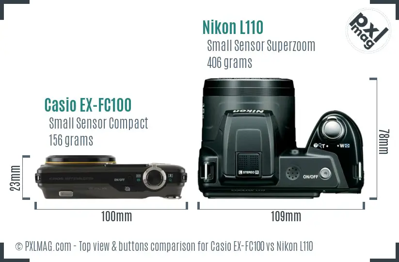 Casio EX-FC100 vs Nikon L110 top view buttons comparison Casio EX-FC100 vs Nikon L110 top view buttons comparison