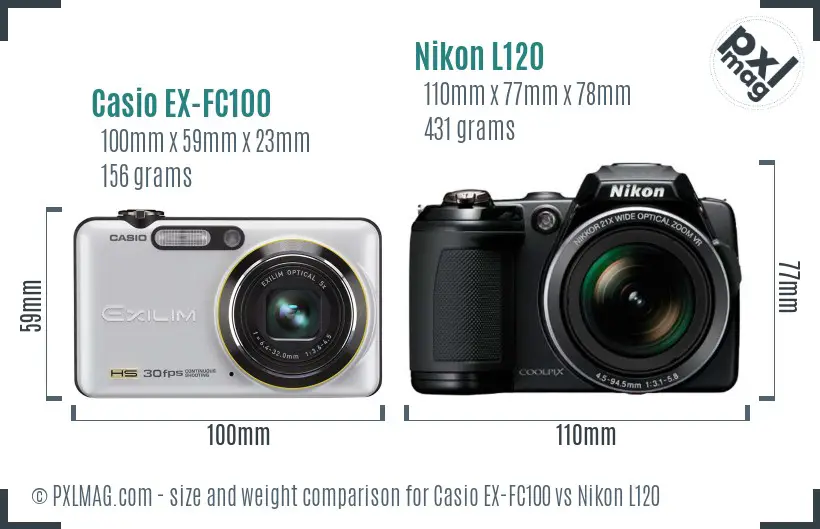 Casio EX-FC100 vs Nikon L120 size comparison