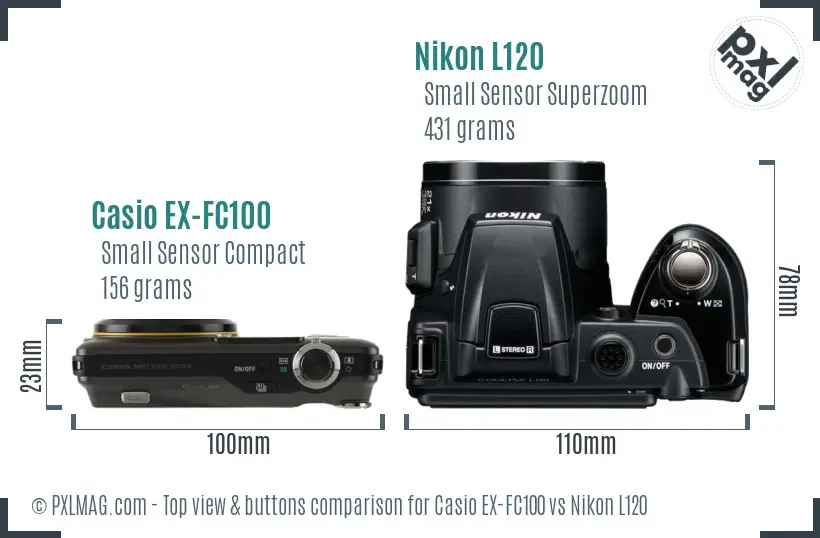 Casio EX-FC100 vs Nikon L120 top view buttons comparison