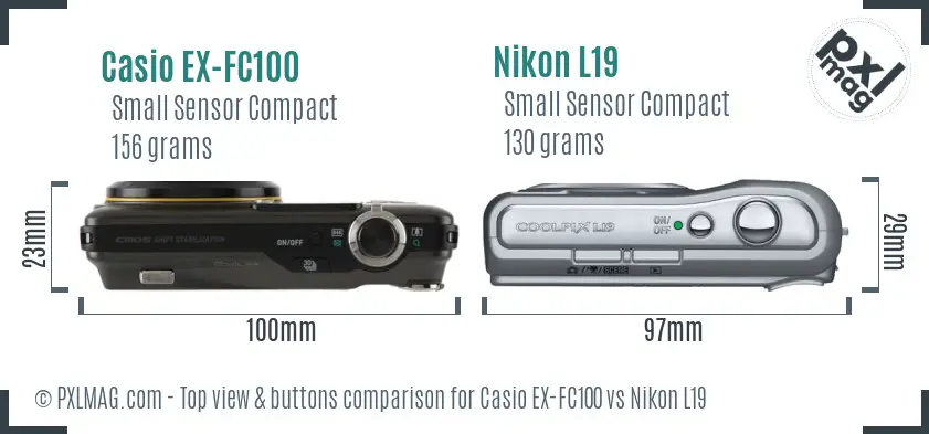 Casio EX-FC100 vs Nikon L19 top view buttons comparison