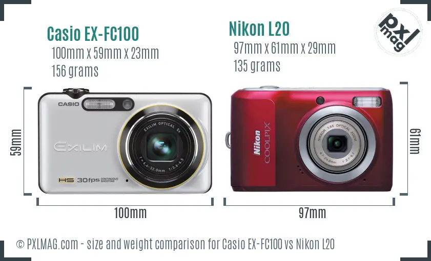 Casio EX-FC100 vs Nikon L20 size comparison