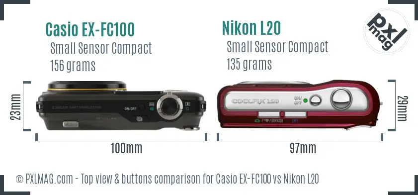Casio EX-FC100 vs Nikon L20 top view buttons comparison