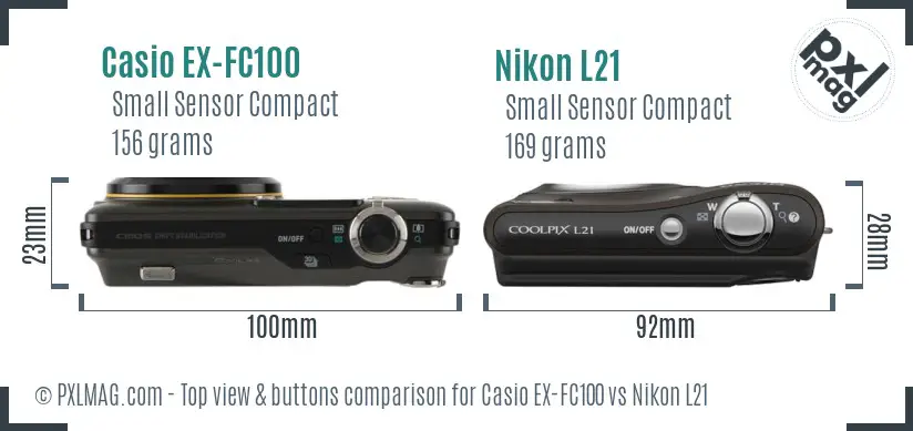 Casio EX-FC100 vs Nikon L21 top view buttons comparison