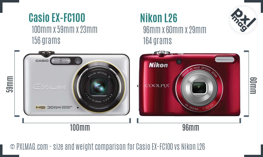 Casio EX-FC100 vs Nikon L26 size comparison