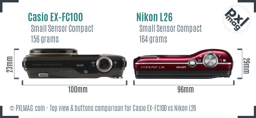 Casio EX-FC100 vs Nikon L26 top view buttons comparison