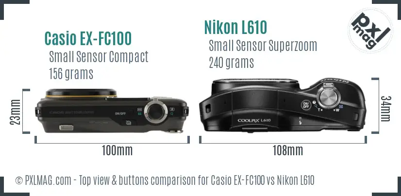 Casio EX-FC100 vs Nikon L610 top view buttons comparison Casio EX-FC100 vs Nikon L610 top view buttons comparison