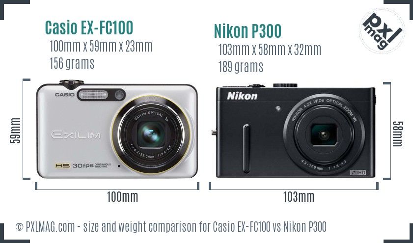 Casio EX-FC100 vs Nikon P300 size comparison Casio EX-FC100 vs Nikon P300 size comparison