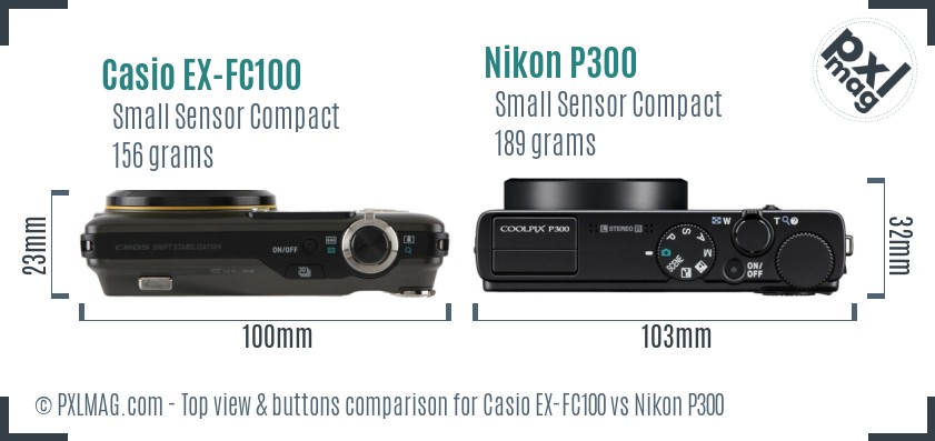Casio EX-FC100 vs Nikon P300 top view buttons comparison
