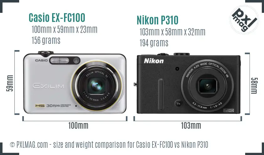 Casio EX-FC100 vs Nikon P310 size comparison