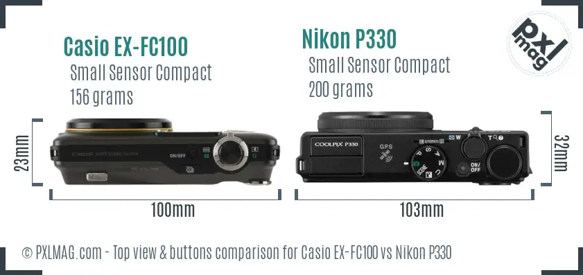 Casio EX-FC100 vs Nikon P330 top view buttons comparison