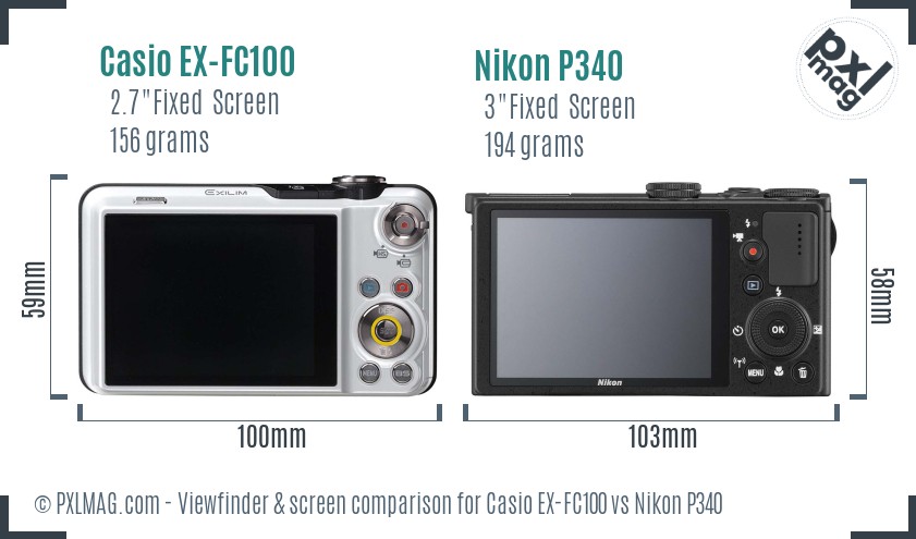 Casio EX-FC100 vs Nikon P340 Screen and Viewfinder comparison