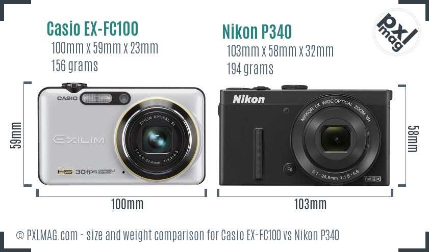 Casio EX-FC100 vs Nikon P340 size comparison Casio EX-FC100 vs Nikon P340 size comparison