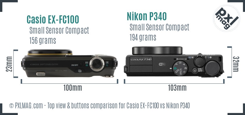 Casio EX-FC100 vs Nikon P340 top view buttons comparison