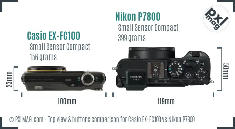 Casio EX-FC100 vs Nikon P7800 top view buttons comparison