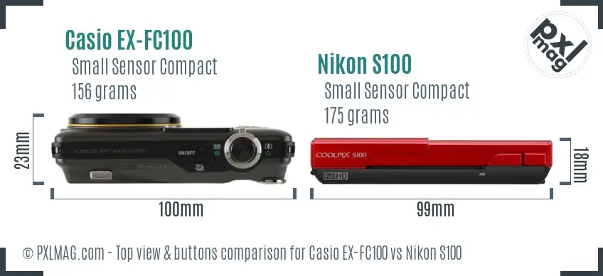 Casio EX-FC100 vs Nikon S100 top view buttons comparison